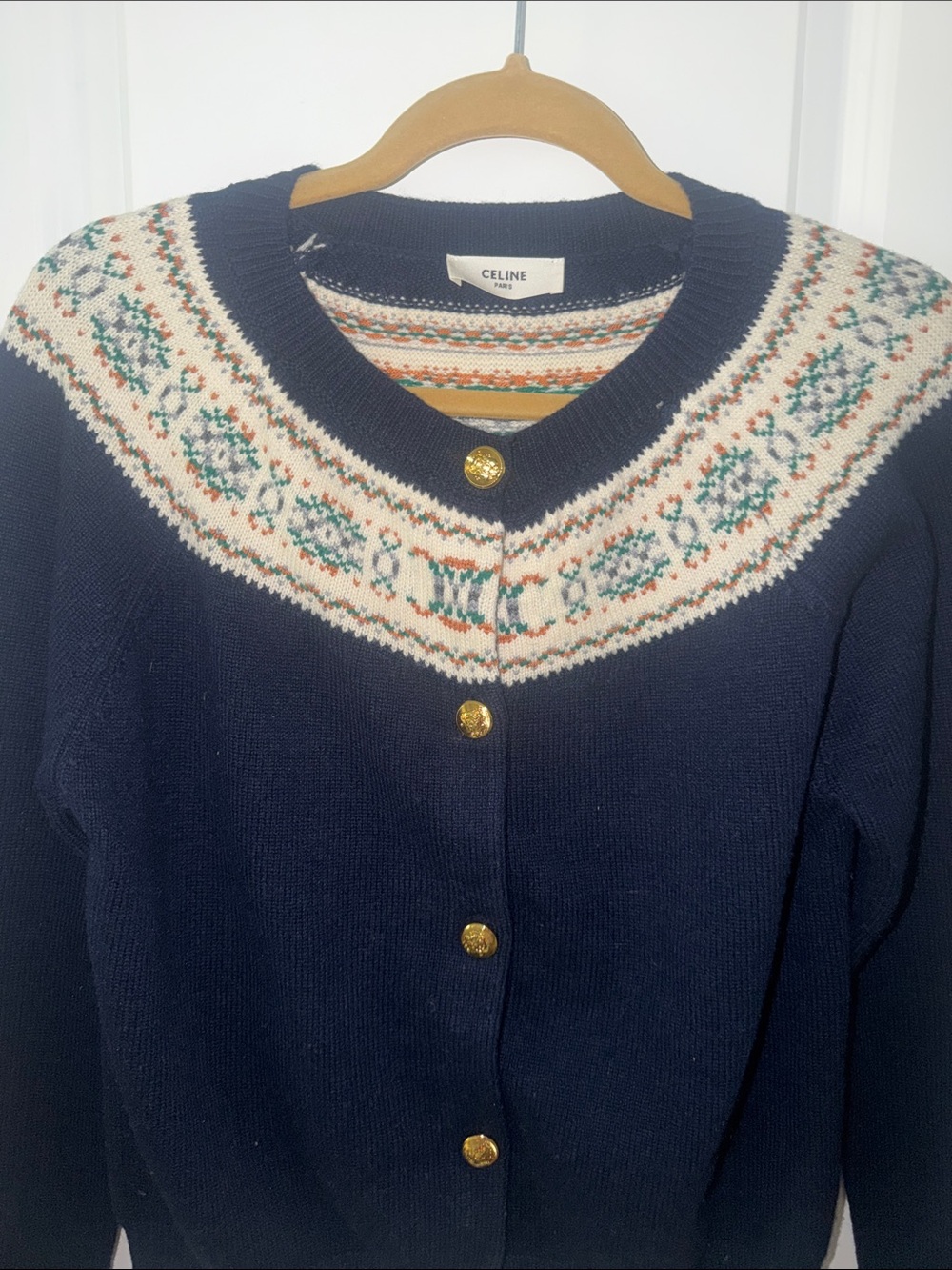 Celine Navy Fair Isle Yoke Cardigan with Gold Buttons - Picture 2 of 11